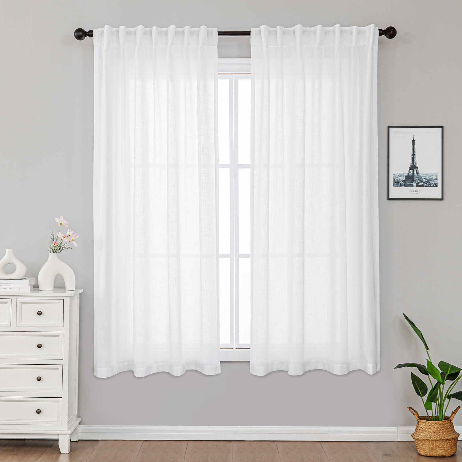Toyoko Semi-Sheer Linen Blend Curtain Set, White, 38" W x 63" L