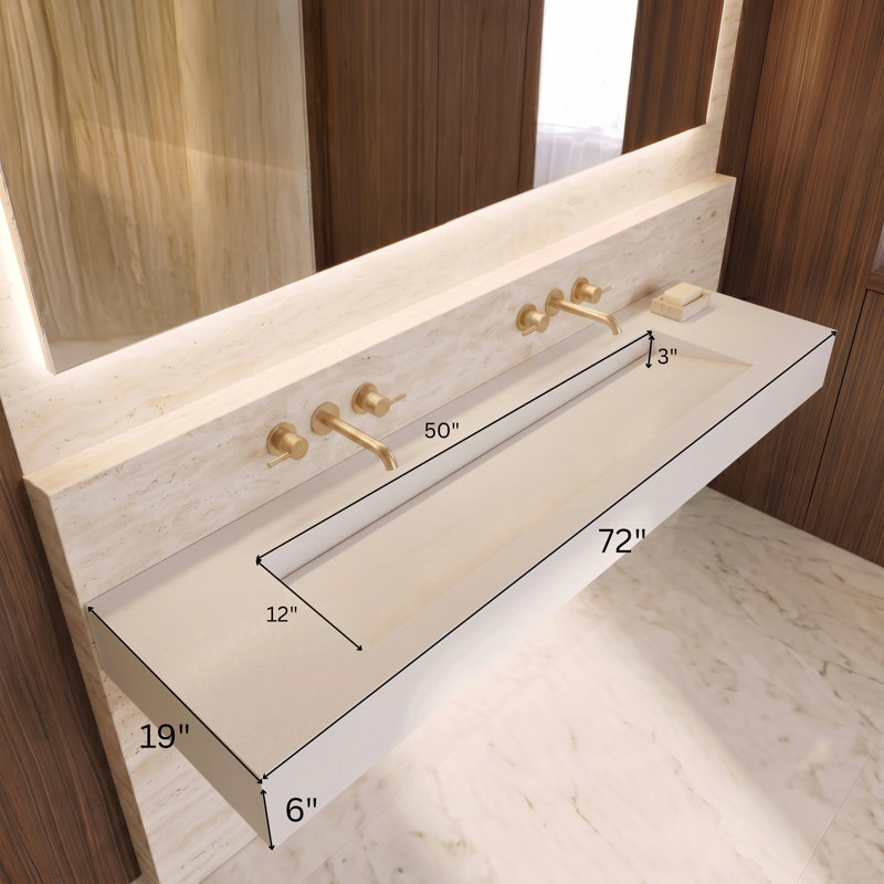 Pyramid 72" Wall Mounted Rectangular Solid Surface Bathroom Trough Sink in Matte Finish - White, With Faucet Holes, White
