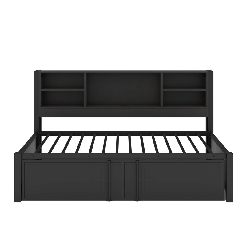Metal Twin Size Daybed With Trundle, Storage Shelves And USB Ports, Black