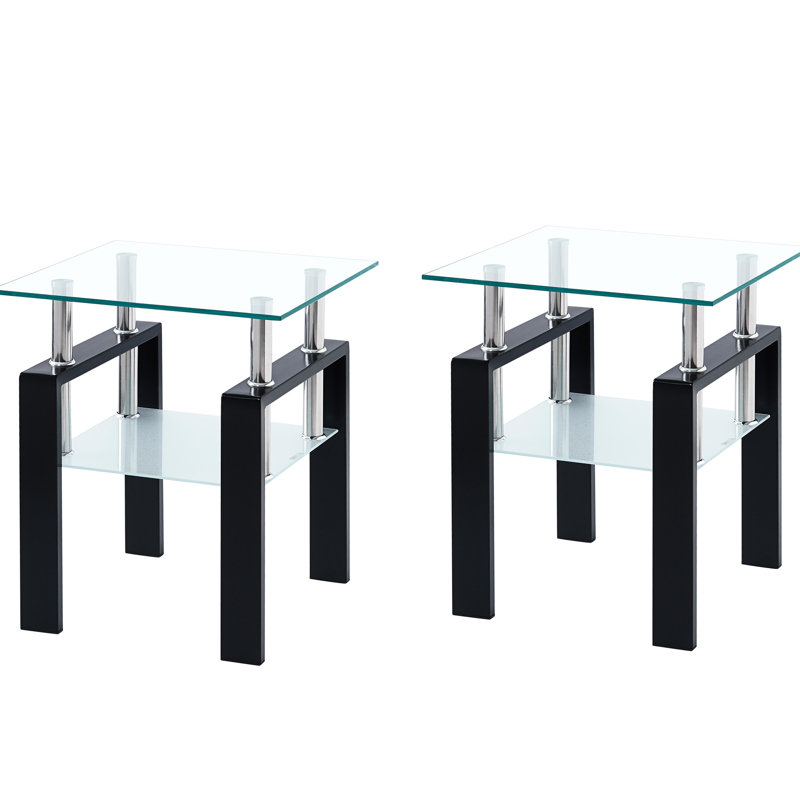 2-Layer Tempered Transparent Glass Table With Storage - Side For Living Room, Dining Office, Small Space Clear Bedroom, Areas