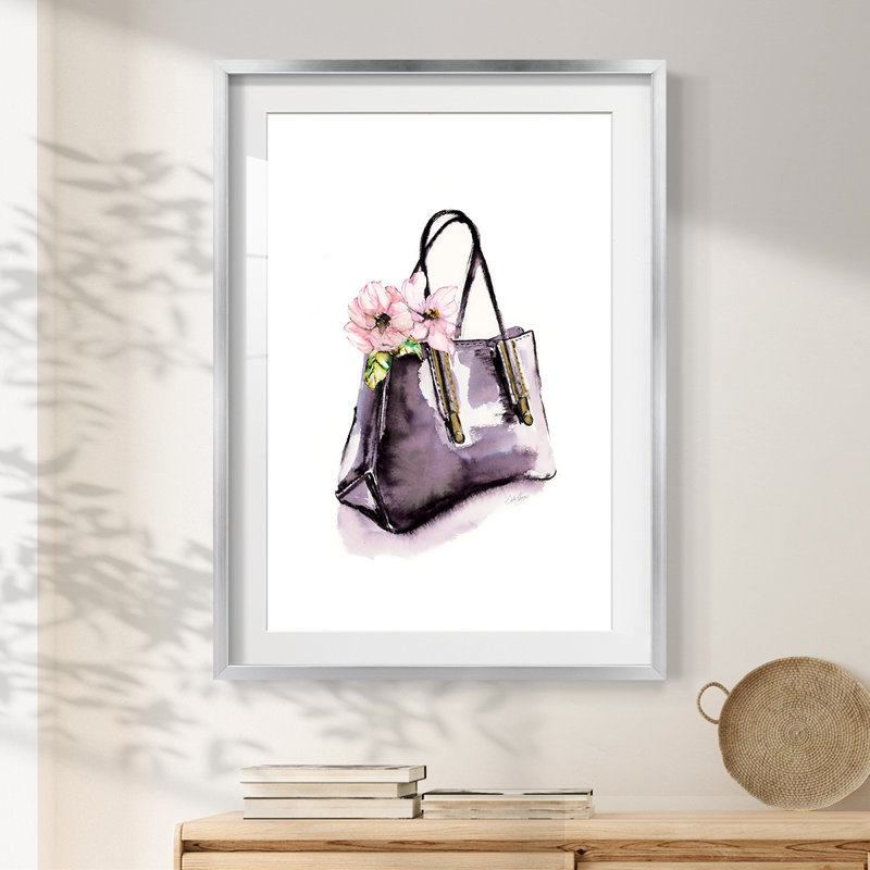 Handbag With Flower -Framed Print, 25.5" H x 17.5" W, Silver