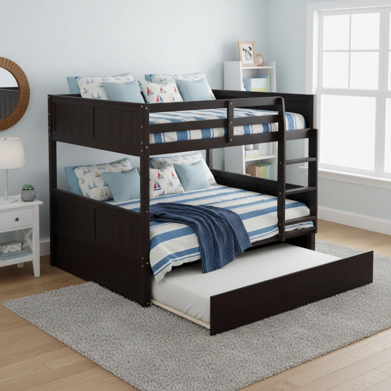Lit superposé double au-dessus de double en bois massif avec lit gigogne simple, Espresso