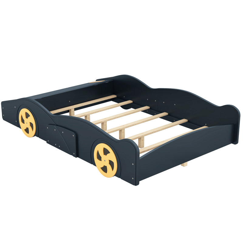 Lit plateforme pour voiture de course double - bleu foncé avec rangement robuste pour chambre à coucher + roues et bois de pin confortable