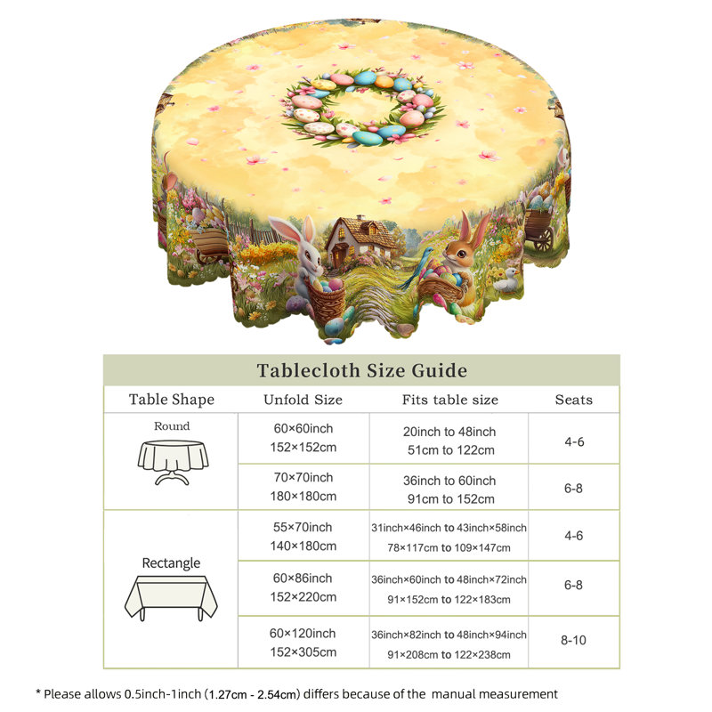 Machine-washable polyester Easter tablecloth with rabbit Easter egg design, 59.8" Round