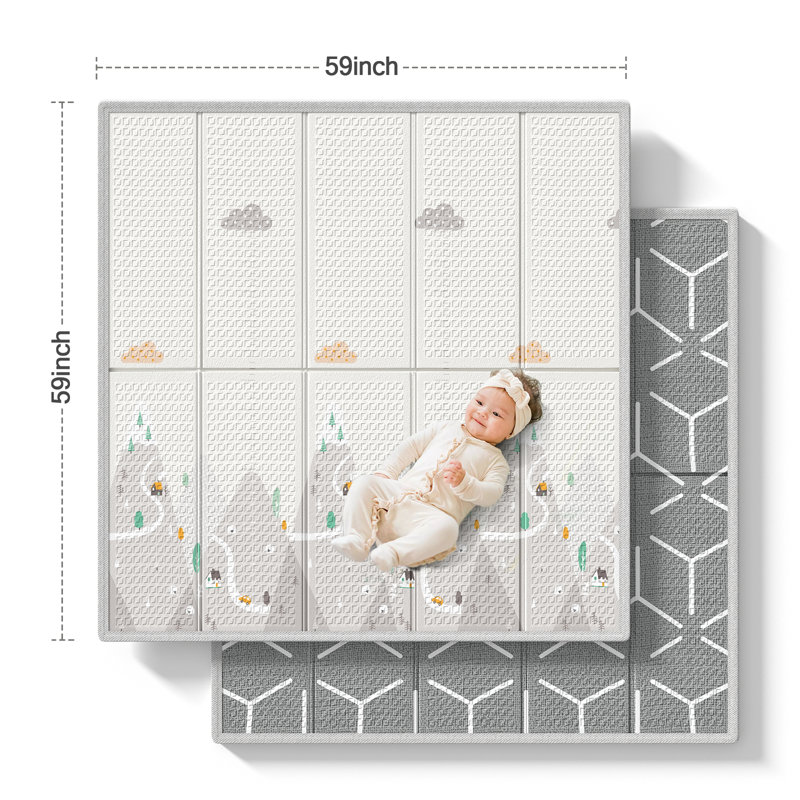 Tapis de jeu pour bébé, tapis de jeu pliable et réversible 59 po x 59 po, tapis de jeu en mousse imperméable de 0,4 po d'épaisseur