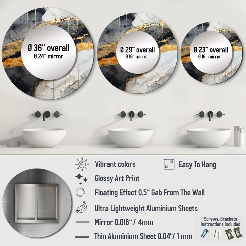 Décoration murale minimaliste en chrome or et orange - Miroir abstrait spirales rondes_MTMIR107292, 29 po x 29 po