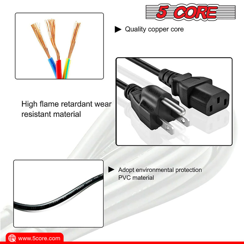 5 Core 3 Prong Extension Power Cord 10 Feet Three Prong D Heavy Duty Plug Extender Cable
