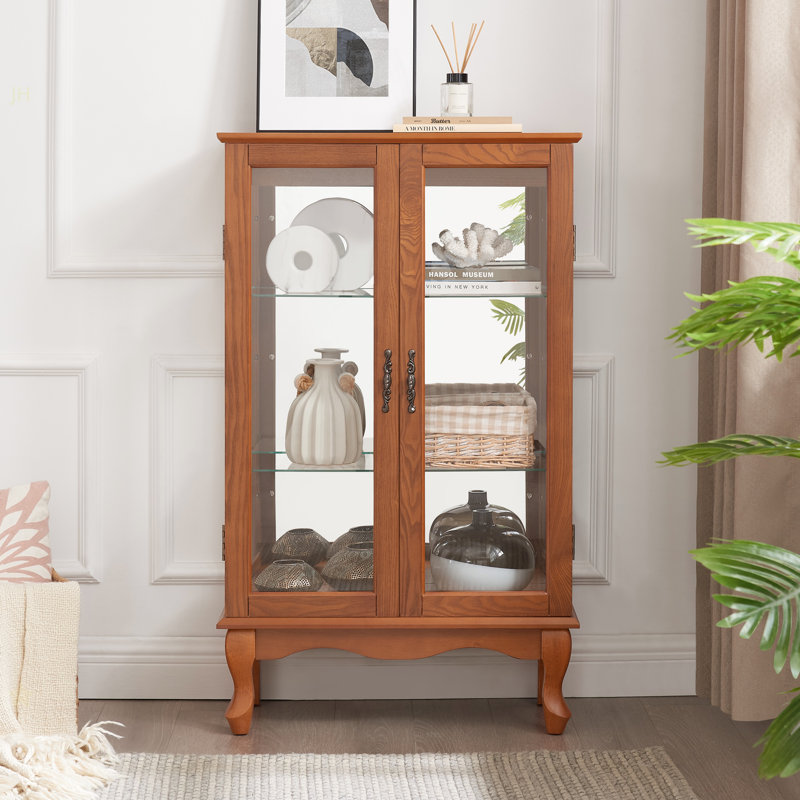 2 Doors Curio Cabinet With Tempered Glass Doors, Curio Cabinets With Mirrored Back Panel And Adjustable Shelves, Lighted Display Cabinet For Home, Office Light Bulb Included Oak