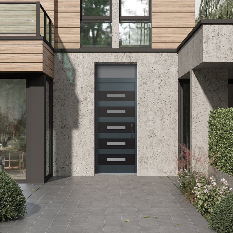 D9 36 po. X 96 po Panneau d'entrée en acier noir anthracite et verre givré anthracite avec porte d'entrée pré-montée en verre givré