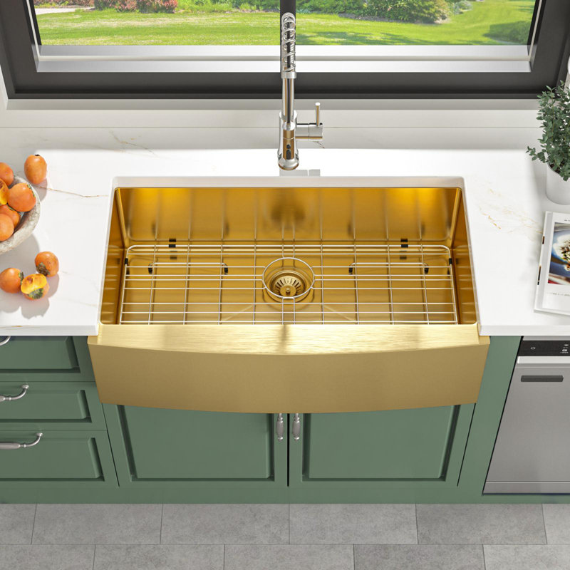 Farmhouse Kitchen Sink Gauge Stainless Steel Kitchen Sink Apron Front Sink, Gold, 10" H x 33" L x 21" W