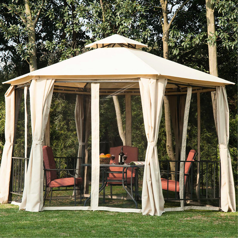Beige 13' X Gazebo With Reduced Heat - Double Roof Hexagon Outdoor Canopy Netting, Curtains, Solid Steel Frame Patio And Glare Blocking Netting & Frame,