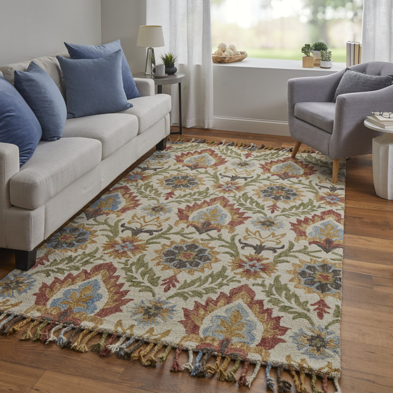 Tapis en laine et coton rouge, jaune et vert à motif floral touffeté à la main Broaderick, Rectangle 5 pi x 8 pi