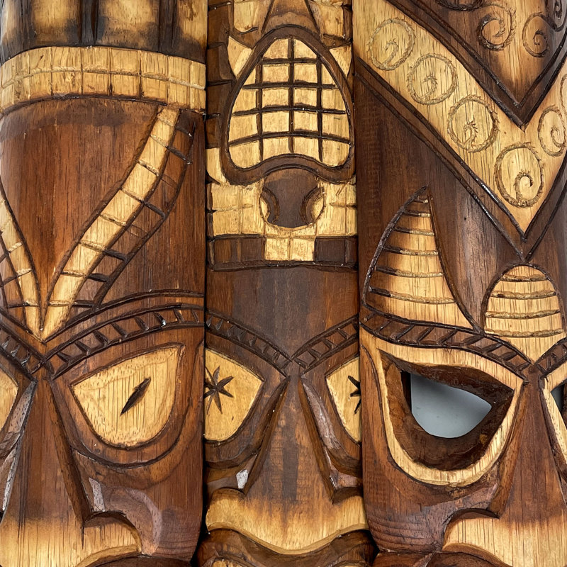 Ensemble de 3 sculptures murales en tiki de 24 pouces faites à la main - Artisan sculpté à la main - Designs polynésiens pour décoration de plage tropicale
