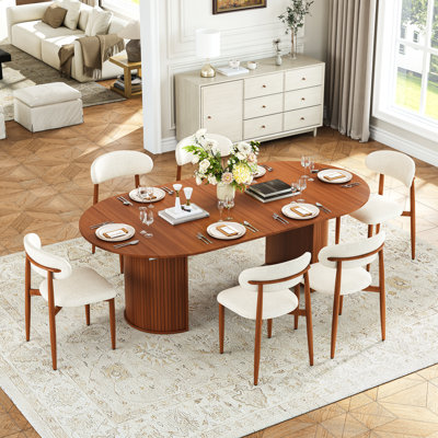 45" To 105" Extendable Dining Set, 4-Stage Expansion, Round Fluted Pedestal Table And Upholstered Chairs, Seats 4-10, Modern Farmhouse Style