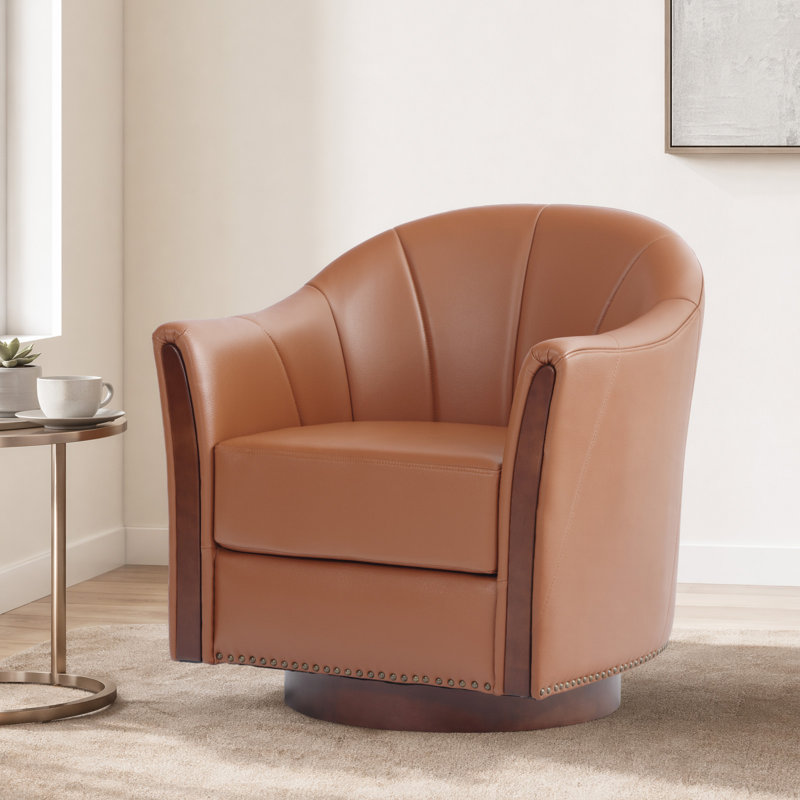 Fauteuil demi-tonneau pivotant rembourré en cuir végétalien de 28 po de largeur avec base en bois massif, Brun
