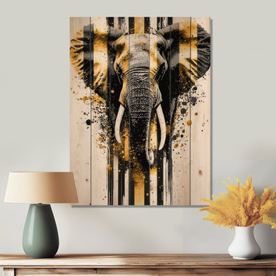 Golden Elephant Golden Giant I - art mural moderne sur bois de pin naturel