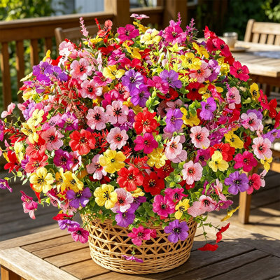 34 paquets de fleurs artificielles, plantes artificielles pour la décoration du printemps et de l'été, eucalyptus colorés et résistants aux rayons UV pour l'extérieur de la maison, jardinière, patio, mélange de couleurs