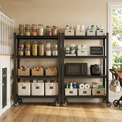 4-tier Heavy Duty Steel Shelving  Unit With 4 Lockable Wheels, Adjustable Shelving Rack With Double-layer Support Columns