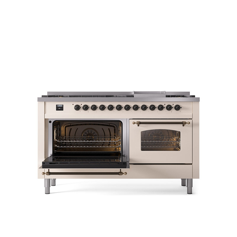 ILVE Nostalgie II 60 Dual Fuel Range, 9 Burners, Griddle, Liquid Propane, Antique White/Bronze