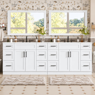 95.66-Inch Freestanding Bathroom Vanity with Integrated SMC Sink, 8-Inch Widespread Faucet Holes, 12 Soft-Close Drawers, 4 Soft-Close Doors and Black Handles