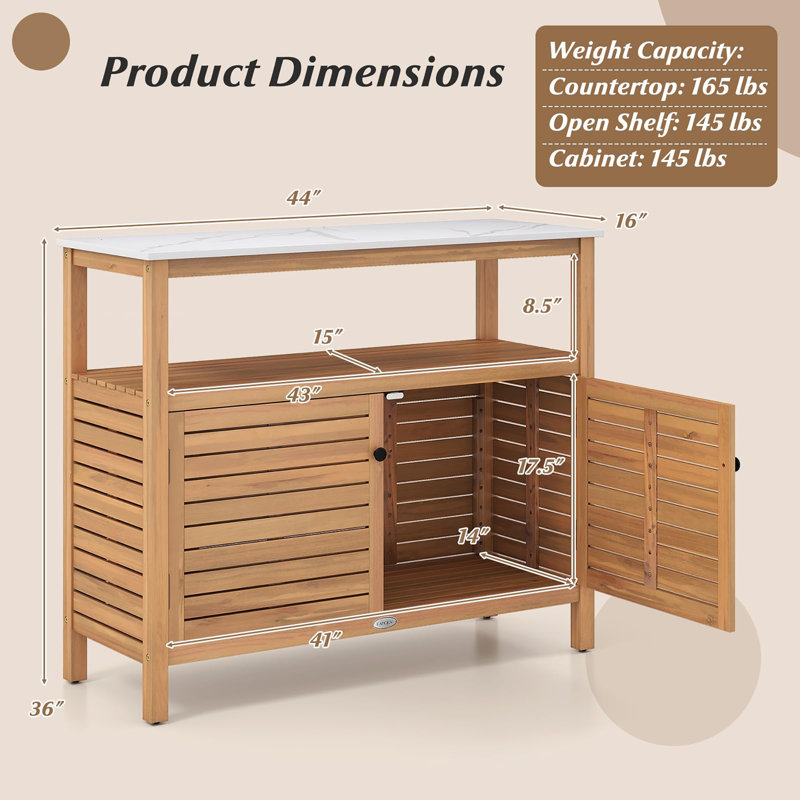 Buffet d'extérieur en bois d'acacia avec comptoir en marbre, H 36 po x l 44 po x P 16 po