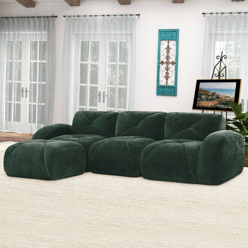 Ensemble de canapé en forme de L à compression en nuage de 110 pouces, canapé modulaire moderne à trois places avec repose-pieds, canapé rembourré pour le salon ou la chambre à coucher, aucun assemblage requis.
