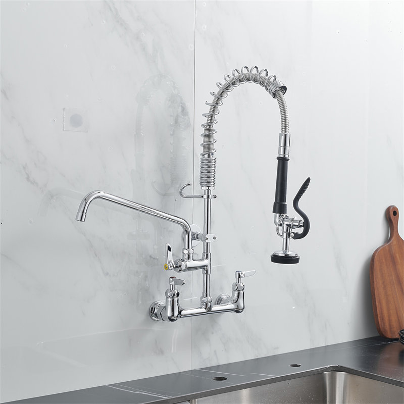 Kitchen Faucet Deck Mount With Pre-Rinse Sprayer 21" Height Kitchen Sink Faucet 8 Inch Center With 10" Add-On Swing Spout Faucet & Coiled Spring Pull Down Spray