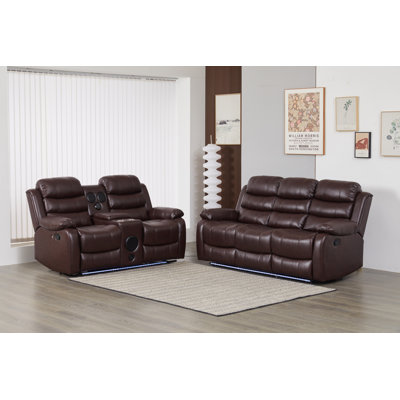 Faux Leather Manual Reclining Sofa Set with LED Lights – 2-Piece Home Theater Seating by Ivy Bronx