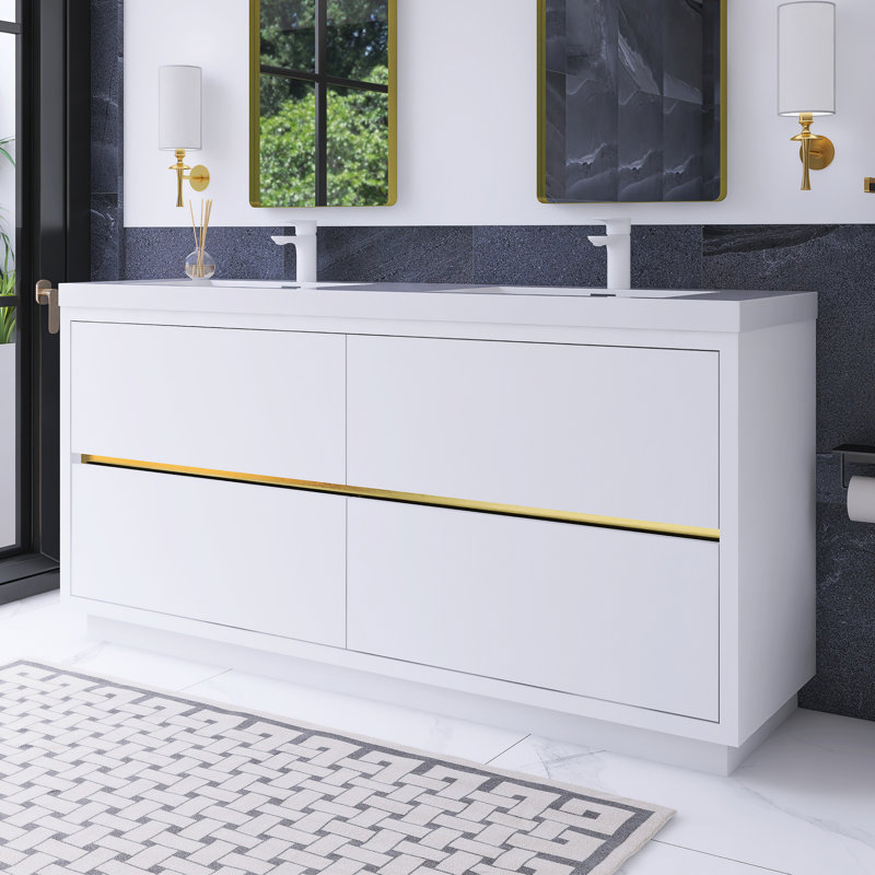 72 In. Double Sink Freestanding Bathroom Vanity, Glossy White