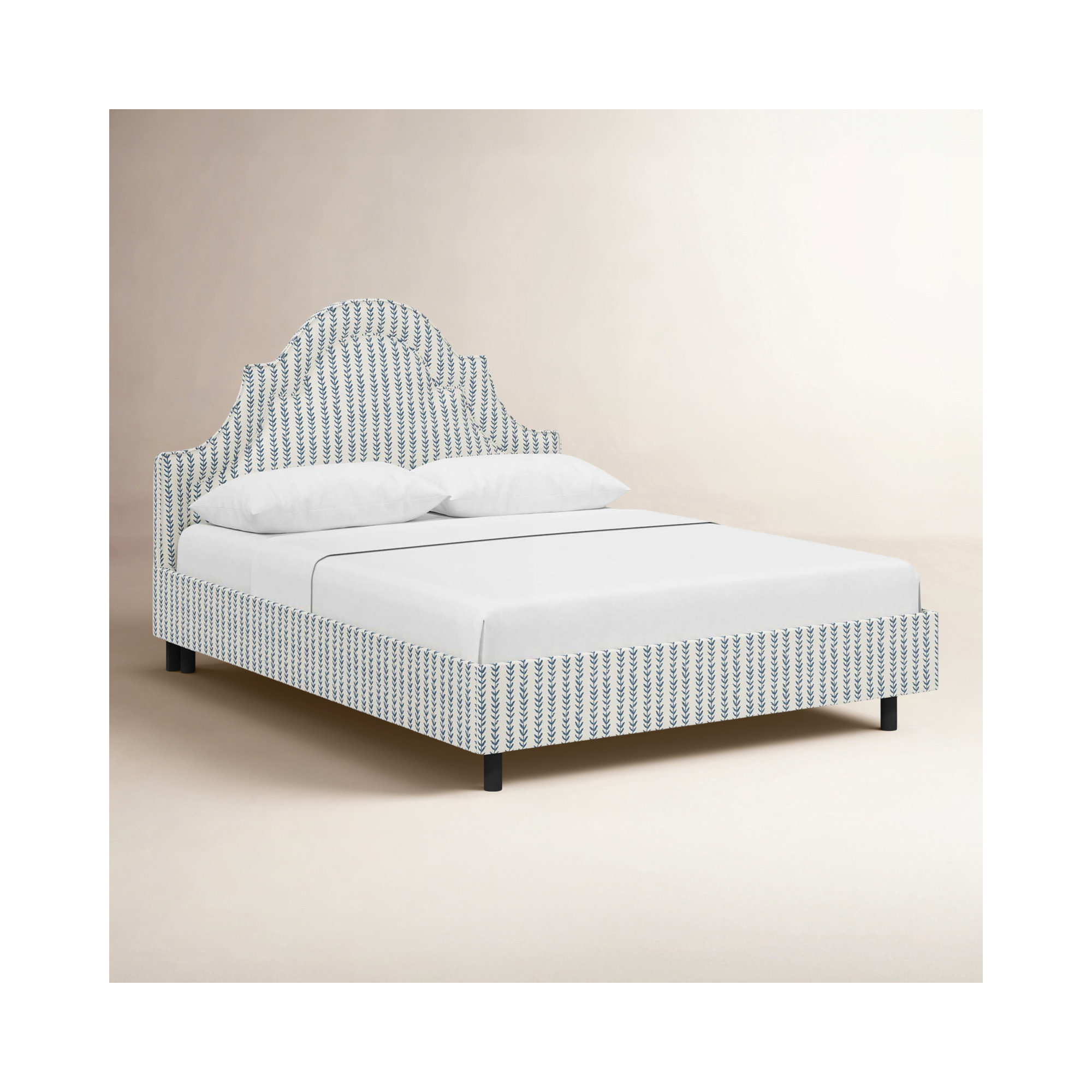 Knipe Upholstered Scalloped Bed, King, Vine Stripe Dusty Blue