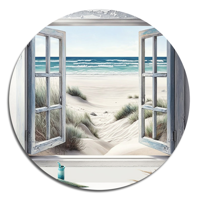 Fenêtre sur la plage III - art en métal rond côtier, H 23 po x l 23 po