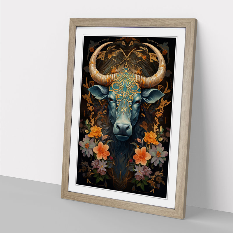 Taurus Zodiac Art Deco - Single Picture Frame Print on Wood, 34cm H x 25cm W x 2cm D, Oak