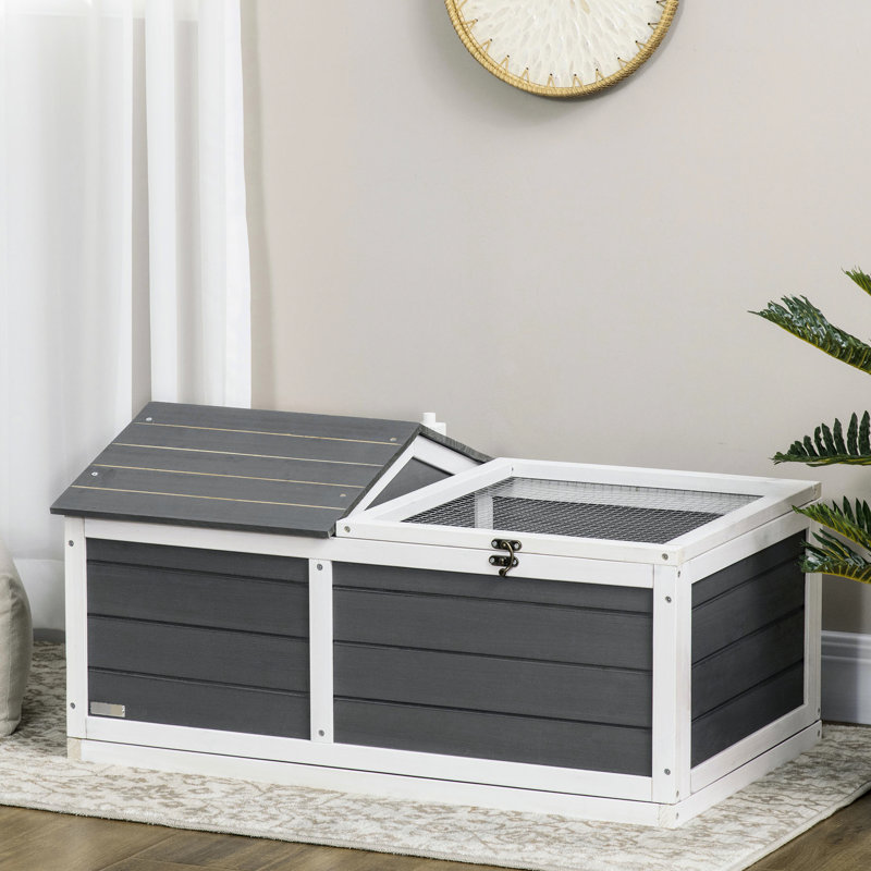 Enceinte en bois de tortue, 34 po, avec cache-cache et plateau, couvercle et plateau ouverts, gris pour abri de cage extérieur / intérieur de 34 po gris