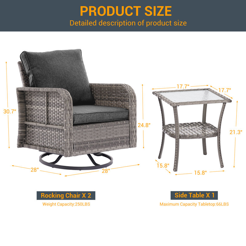 Ensemble de conversation de patio 3 pièces avec chaise berçante pivotante, Noir gris