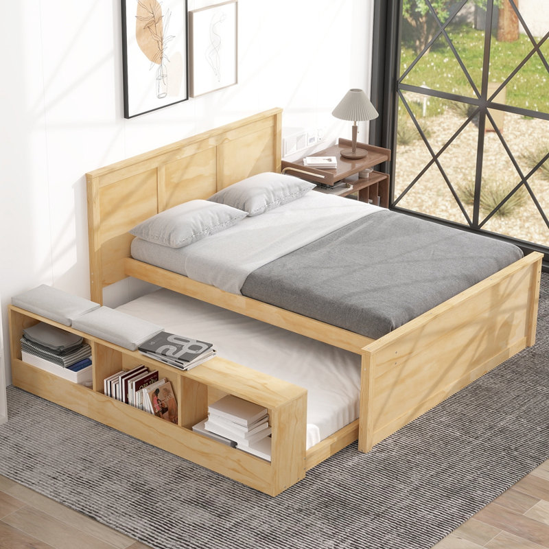 Lit plateforme en bois avec lit gigogne escamotable, armoire de rangement, Naturel, Lit double