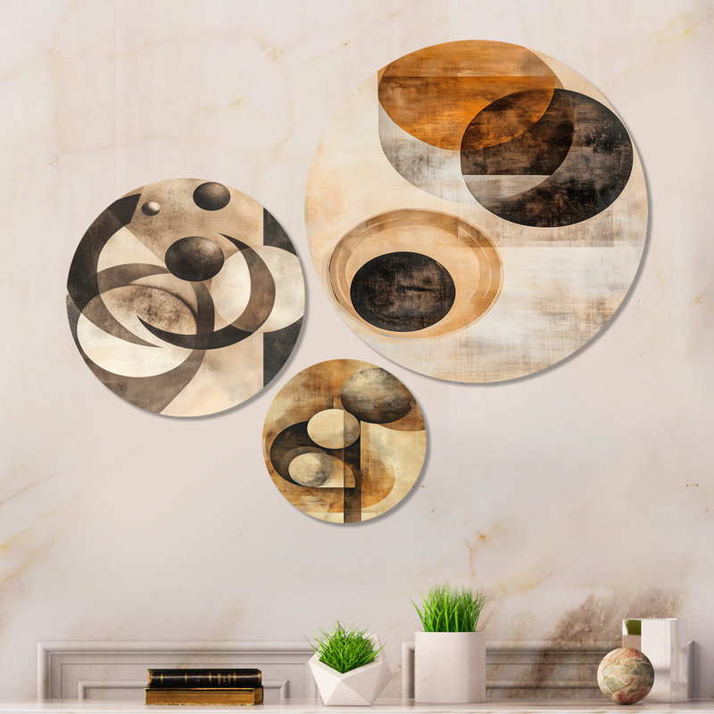 Orbiting Shapes in Sepia Space - formes abstraites brun et orange, ensemble d'art mural en métal 3 pièces