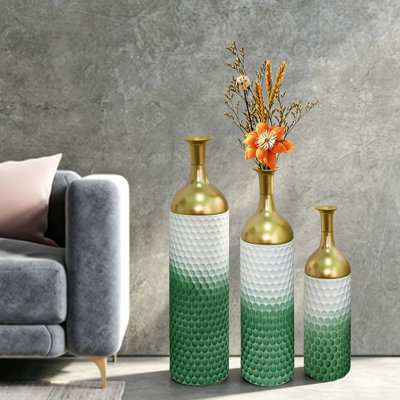 Ensemble de 3 vases décoratifs en métal, vases de sol à motif de feuilles, vases hauts verts et blancs pour la décoration intérieure, salon et entrée.