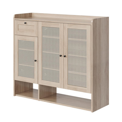 Narrow Wooden Shoe Storage Cabinet with 3 Rattan Doors & Drawer - Adjustable Shelf, Freestanding Entryway Shoe Organizer for Hallway/Living Room, Light Wood