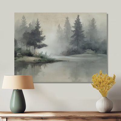 «Green Pine Trees Mist Lake Morning», art mural sur toile brumeuse pour le salon, paysage gris