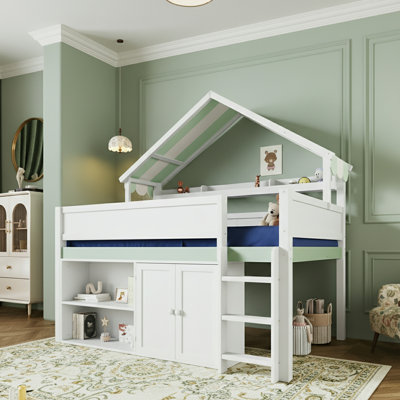 Full Size Loft Bed With House Roof Design & Multi Storage