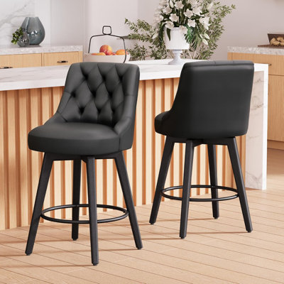 Ensemble de 2 tabourets de bar pivotants à hauteur de comptoir de 26,8 po de hauteur, rembourrés de similicuir moderne avec dossier pour îlot de cuisine, pieds en bois massif, repose-pieds, noir rustique