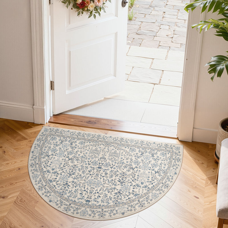 Floral Machine Washable Area Rug, Half-circle 1'11" x 3', Blue