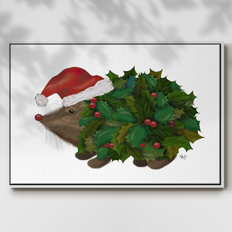 Hérisson de Noël encadré sur toile, H 17 po x l 25 po x P 1,5 po, Cadre blanc