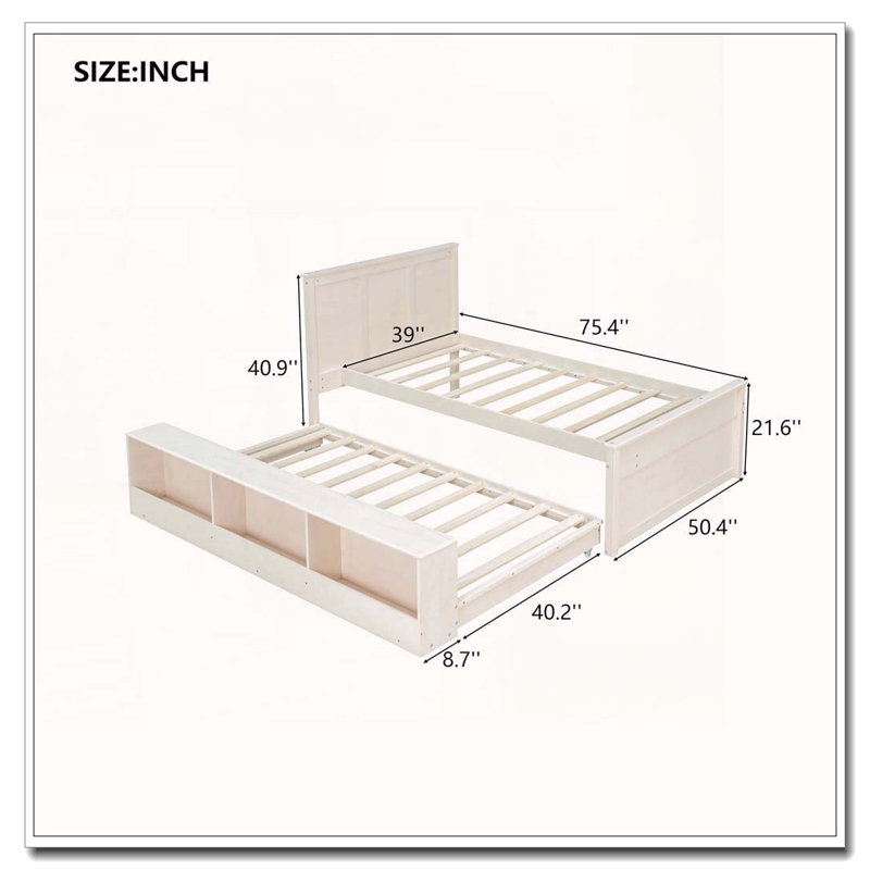 Lit plateforme en bois avec lit gigogne escamotable, armoire de rangement, Lit simple, Blanc, crème