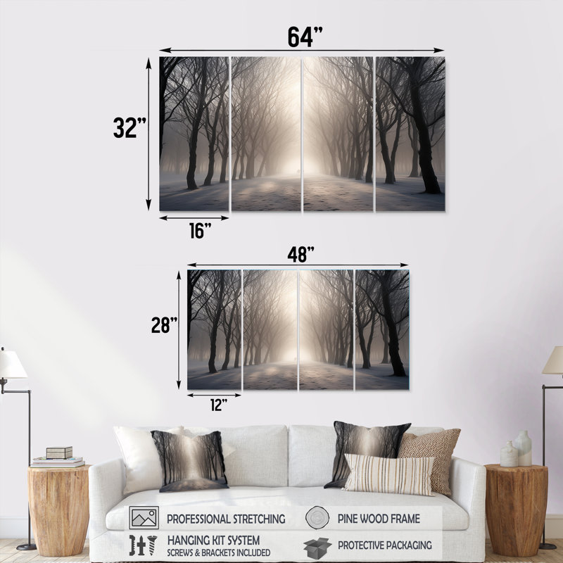 Misty Sunshine Foggy Forest Road - décoration murale arbre séquoia 4 pièces, H 32 po x l 64 po