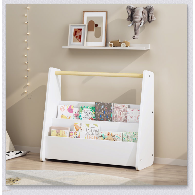 Bibliothèque pour enfants avec poignée en bois, bibliothèque pour tout-petits à 2 niveaux faisant face à l'avant, organisateur de rangement de livres pour enfants pour chambre à coucher, salle de jeux, chambre de bébé ou salle de classe