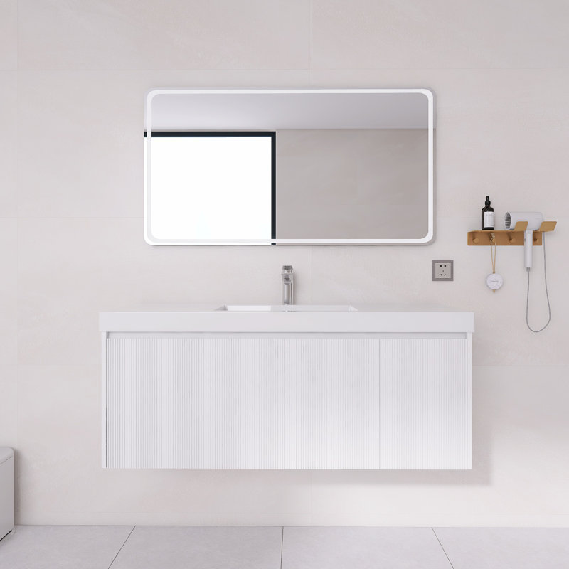 Meuble-lavabo flottant 48 po avec comptoir en acrylique 48 po | Armoire en bois cannelée, Blanc, 48"