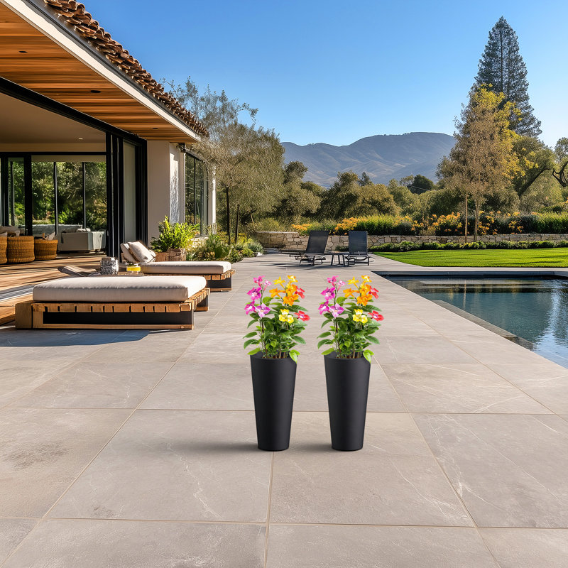 8 po Ensemble de 2 pots / pots ronds en béton moyen avec trous de drainage, Gris anthracite (intérieur amélioré)