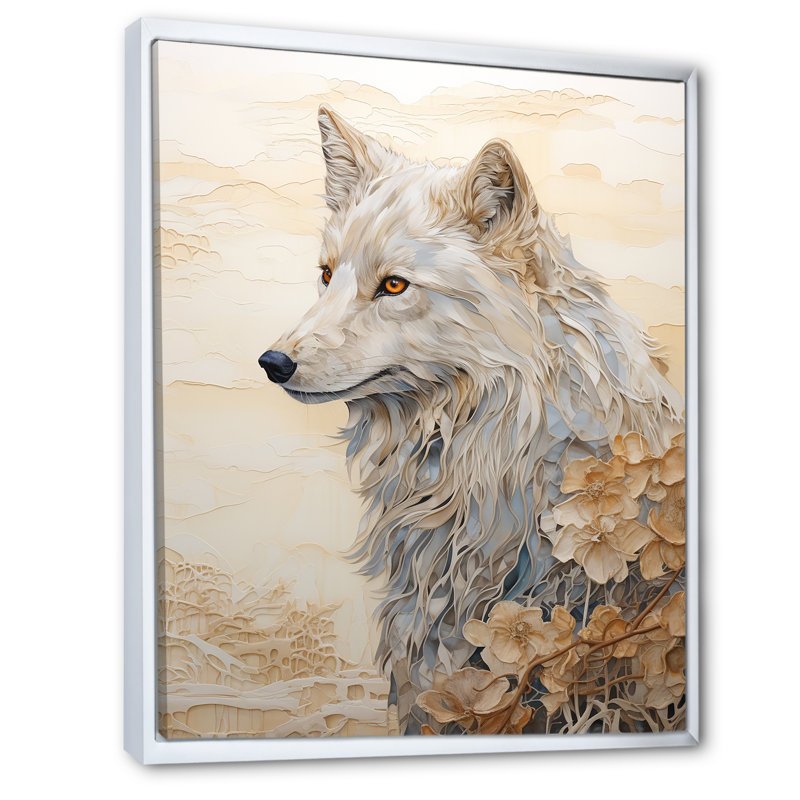 «Beige et or», bonheur des loups sur toile, Cadre flottant blanc, H 32 po x l 24 po x P 1 po