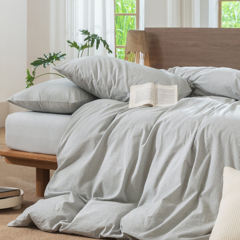 MooMee Striped Duvet Cover Set 100% Washed Cotton Linen Like Textured, King Duvet Cover + 2 King Pillowcases